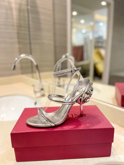 VT 26s Ladycrush Strass Flower Sandals Silver Metallic Leather 985381