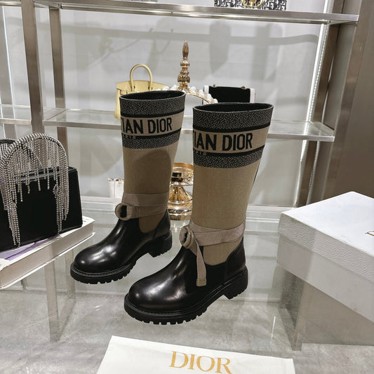 CD D-Major Boot Taupe Mix Black Calfskin And Denim Fabric