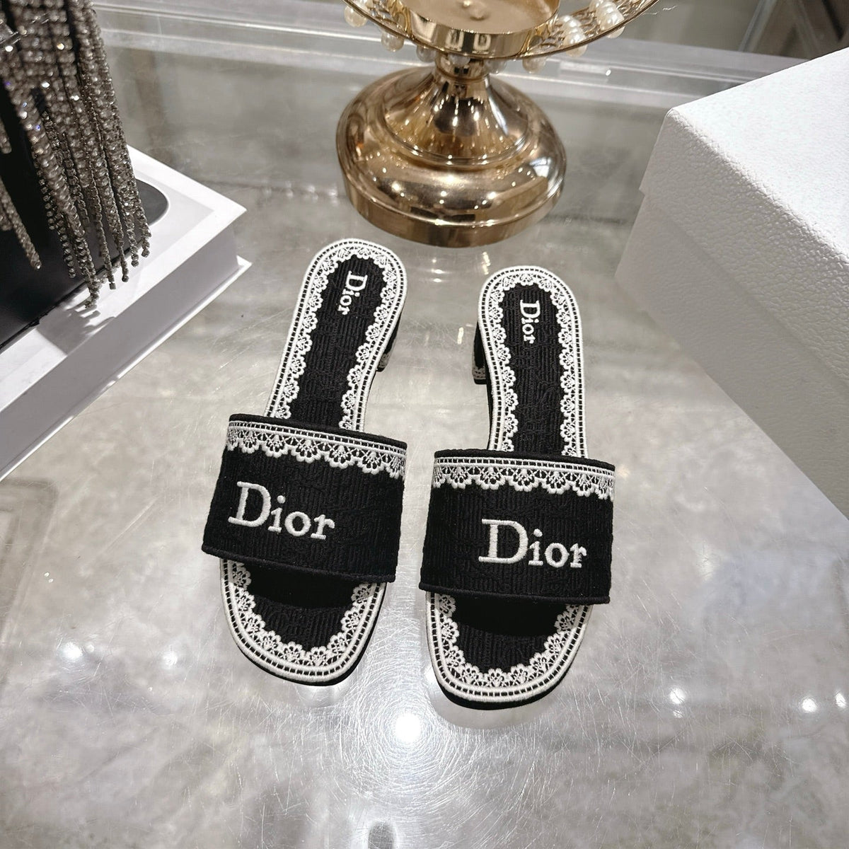 CD 26 Embroidered Sandals 45mm Black White Canvas 592240