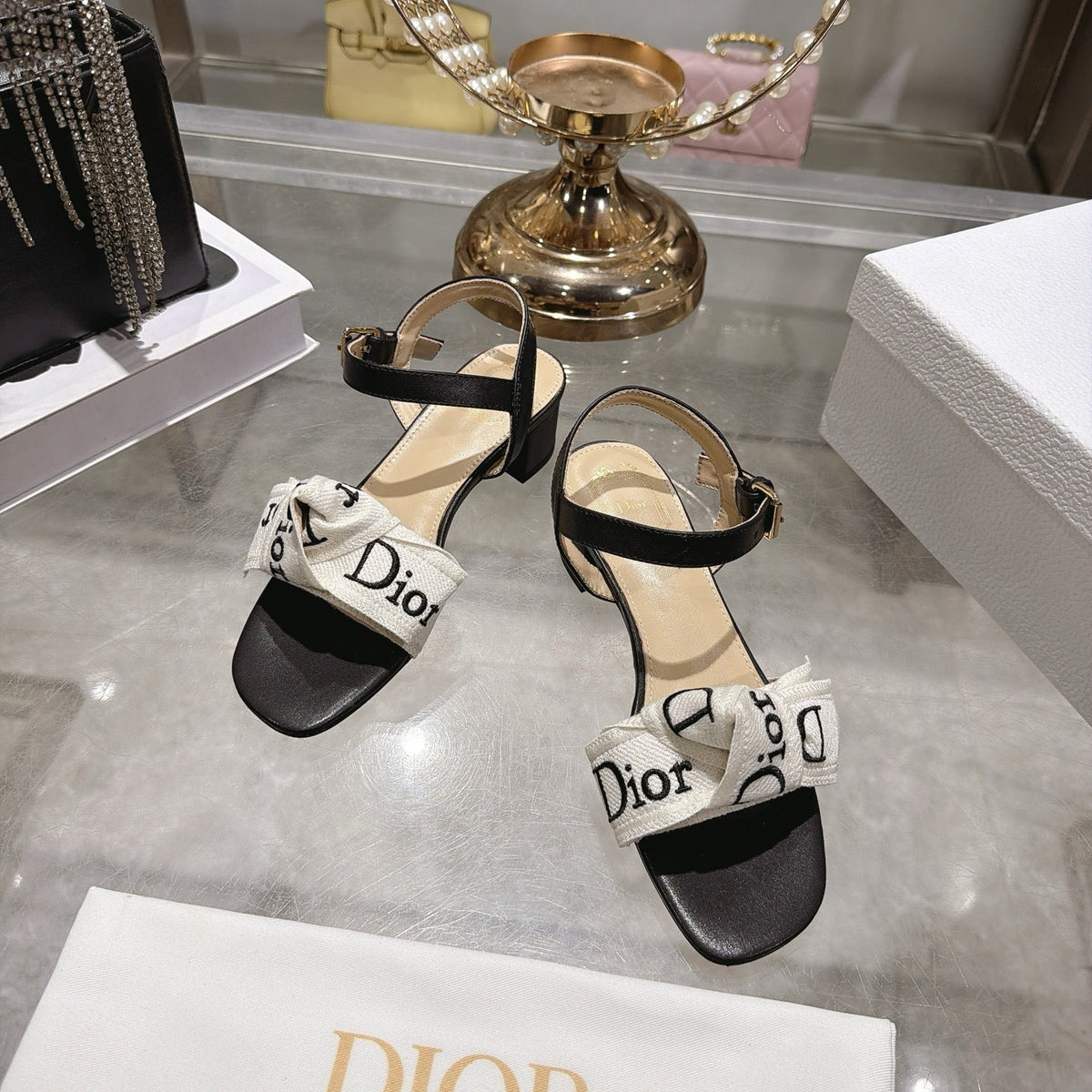 CD J'Adior Sandals White Black Canvas Leather 901712