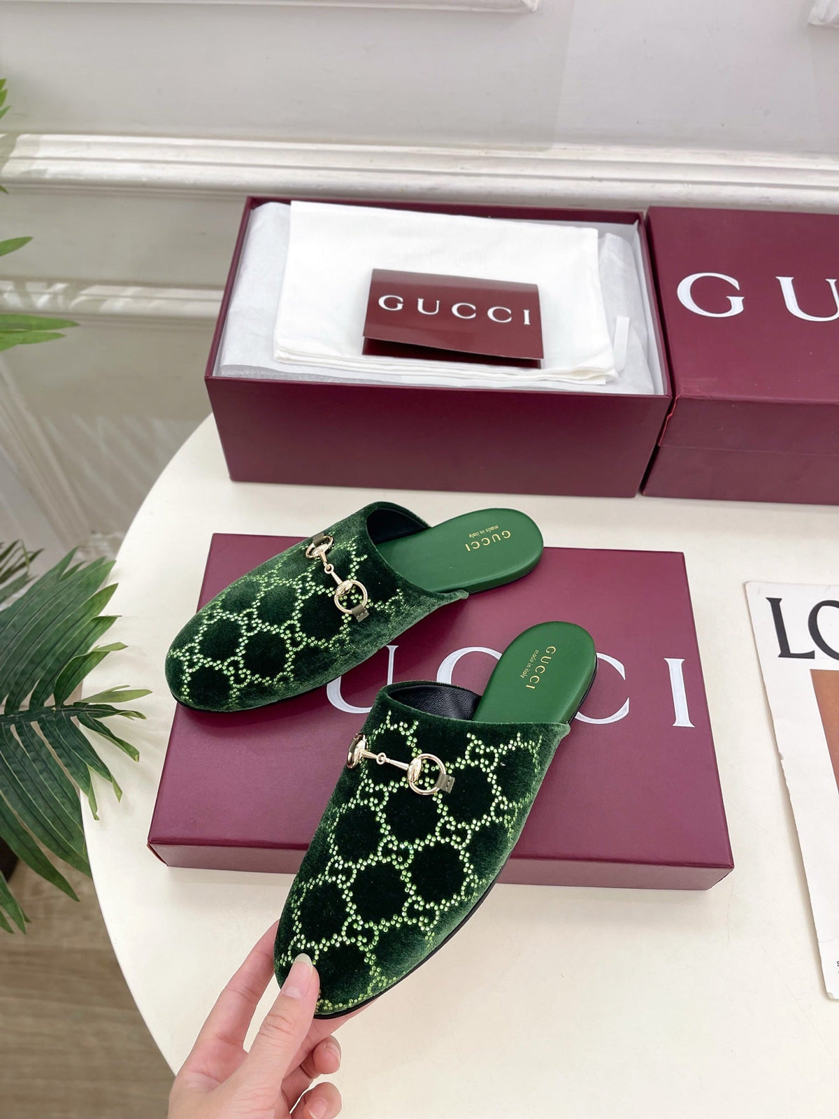 GG 26 Horsebit Flat Mules Rhinestones Dark Green Velvet 587082