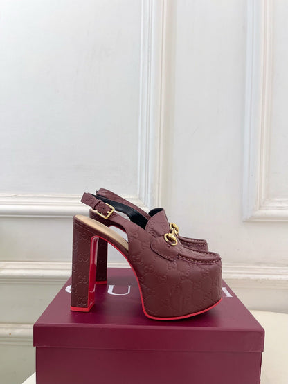 GG Horsebit Platform Loafer Slingback Burgundy Embossed Leather 640260