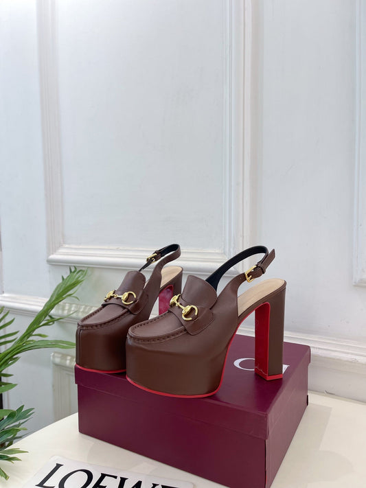 GG Horsebit Platform Loafer Slingback Brown Leather 640264