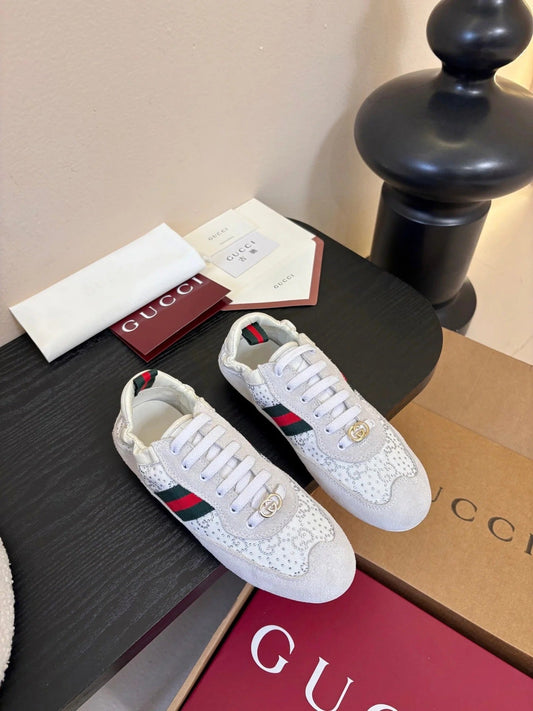 GG 26 Casual Sneakers White Light Gray Cowhide Suede Rhinestones 627231