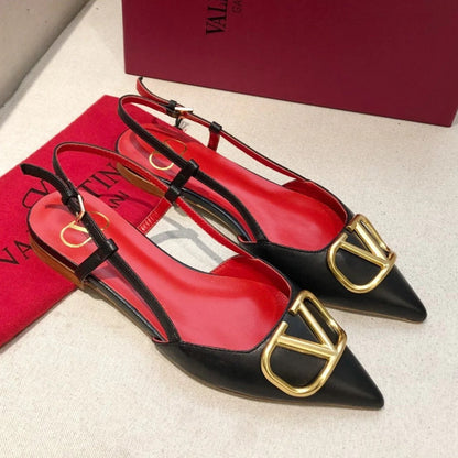 VLOGO SIGNATURE BLACK CALFSKIN FLAT SLINGBACK PUMP WITH GOLD LOGO