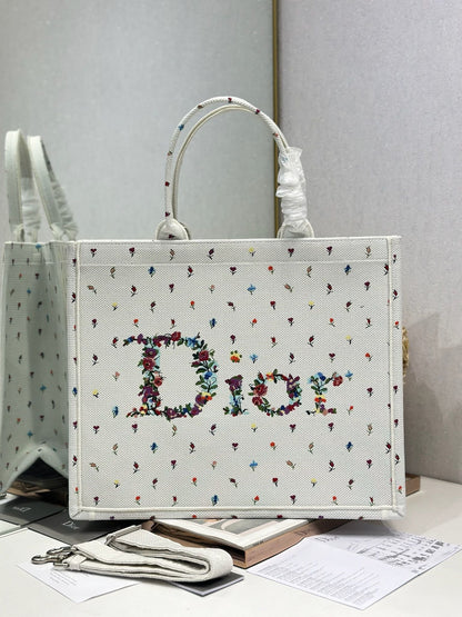 CD 2026 Book Tote Bag White Multicolor Revolution Flowers Embroidery Canvas 288406