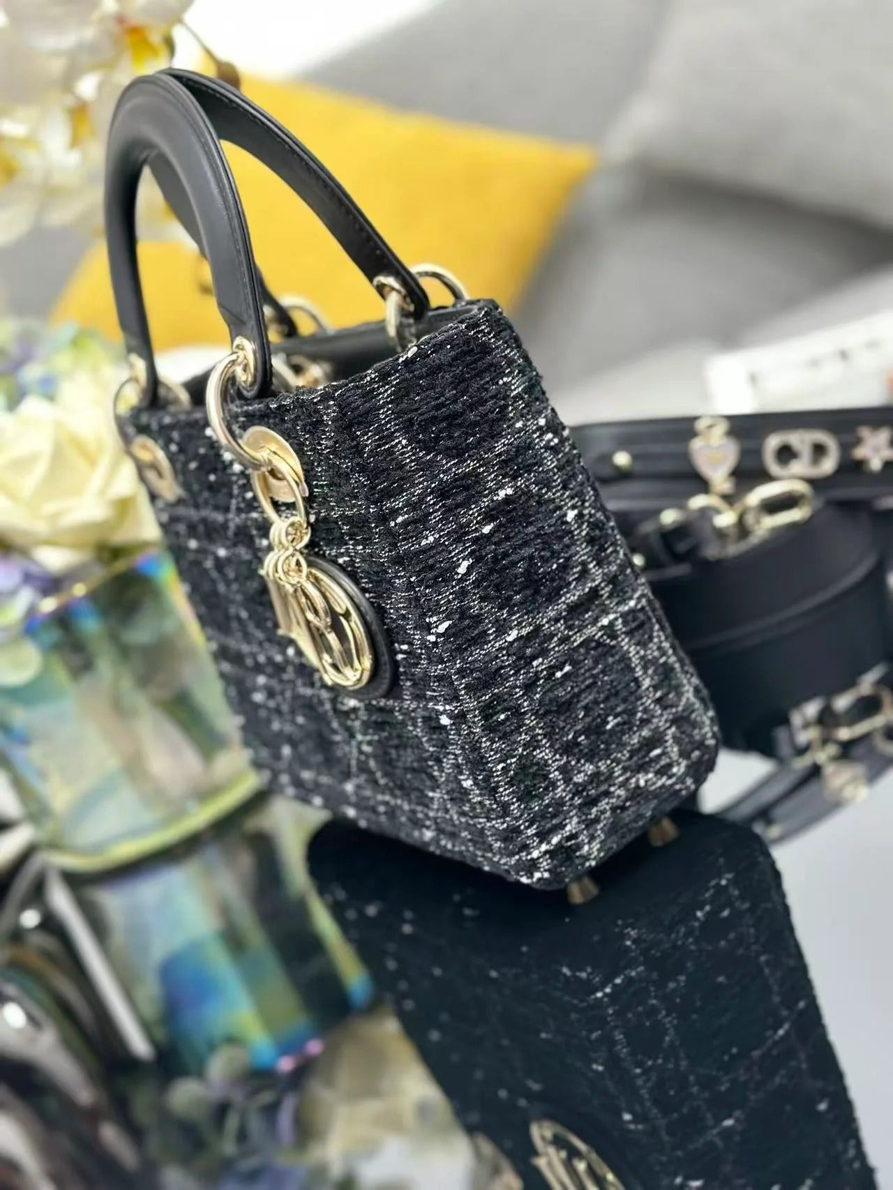Dior 2026 Lady Dior Bag 20cm Black Gold Tweed Leather