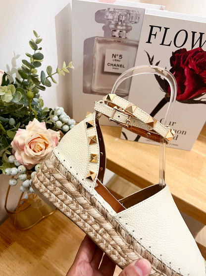 WHITE LEATHER ROCKSTUD ESPADRILLES ANKLE STRAP FLATS